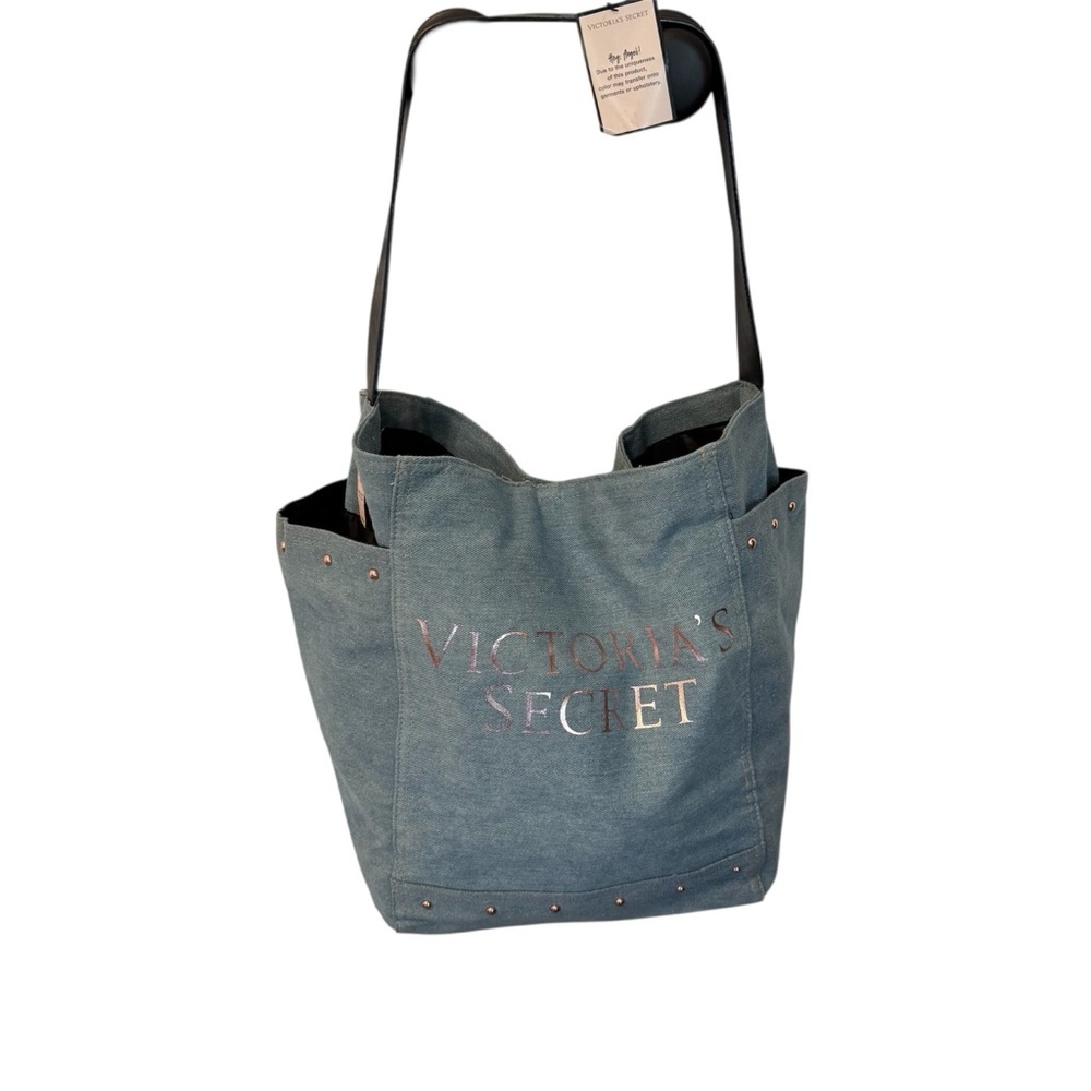 Victorias Secret Denim Rose Gold Studded Large Tote Bag Beach Bag Carry All NWT
